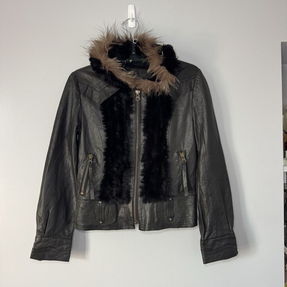 Vintage Black Hooded 100% Leather Fur Panel Studded Moto Jacket Sz M Grunge Fall